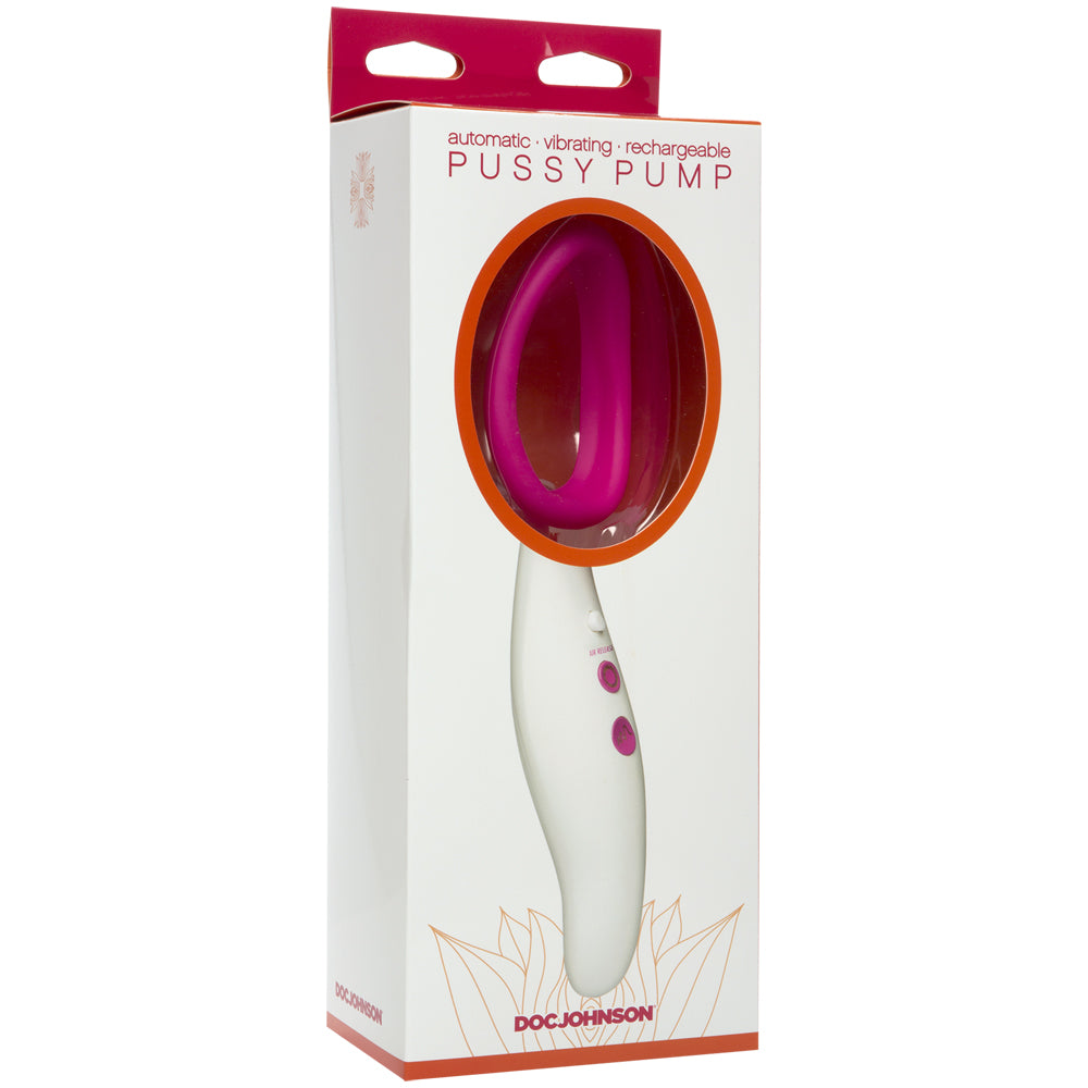 Doc Johnson Automatic Vibrating Pussy Pump Pink in packaging, showcasing the product design and features.