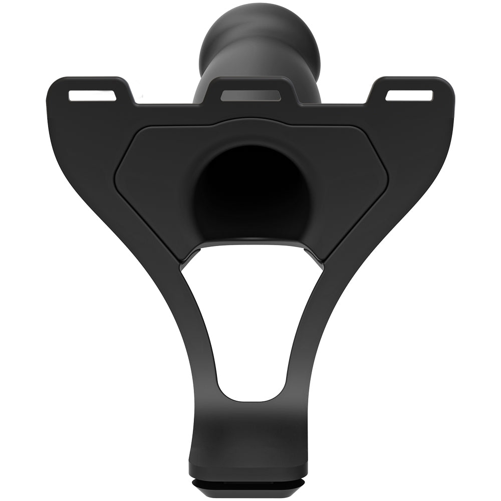 Body Extensions Be Bold Silicone Harness 8 inch Dong Black close-up view of the harness attachment.