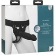 Body Extensions Be Bold Silicone Harness 8 inch Dong Black package displayed, featuring a 2-piece hollow strap-on set.