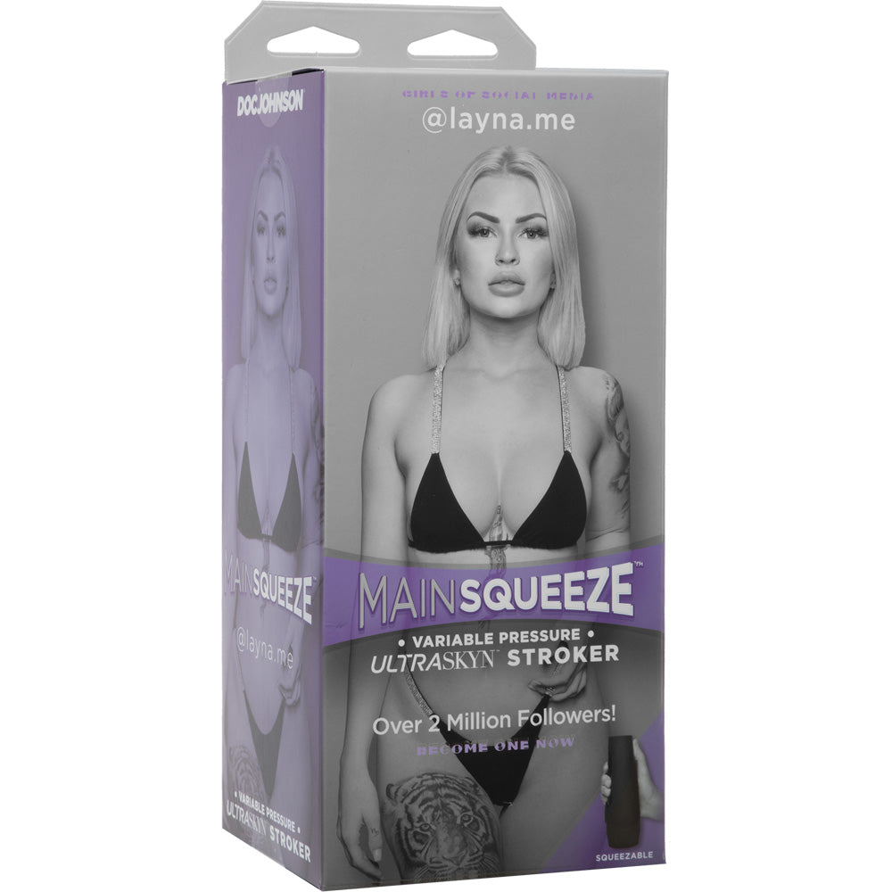 Main Squeeze layna.me Ultraskyn Stroker Vanilla packaging featuring @layna.me and variable pressure design.