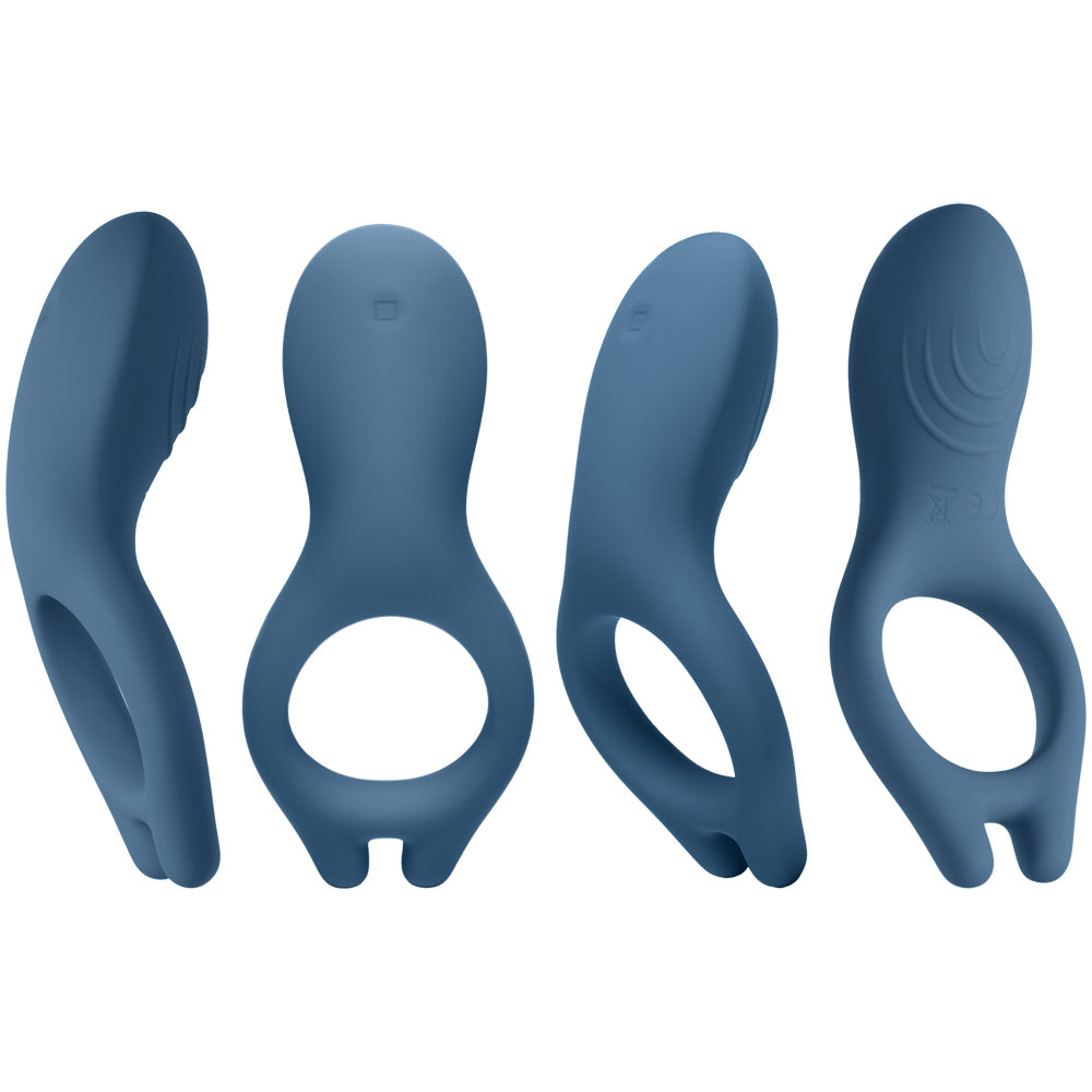 Ivibe Select Iring Marine Blue Vibrating Cock Ring four views, showcasing its sleek design and varying shapes.