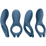 Ivibe Select Iring Marine Blue Vibrating Cock Ring four views, showcasing its sleek design and varying shapes.