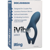 Ivibe Select Iring Marine Blue Vibrating Cock Ring packaging featuring luxurious silicone and 10 vibrating settings.