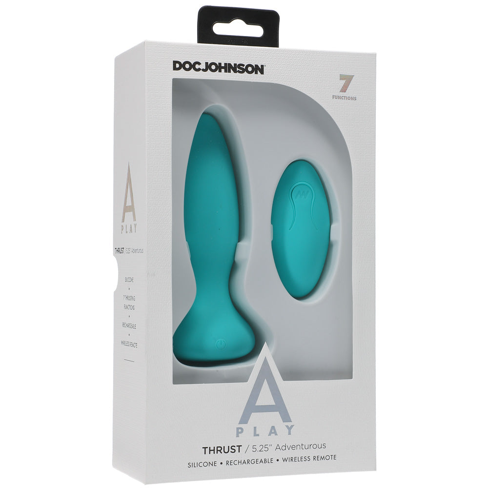 A-Play Thrust Silicone Anal Plug with Remote Teal in packaging showcasing its features.