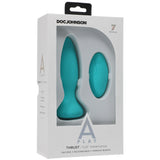 A-Play Thrust Silicone Anal Plug with Remote Teal in packaging showcasing its features.