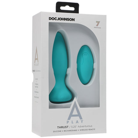 A-Play Thrust Silicone Anal Plug with Remote Teal in packaging showcasing its features.
