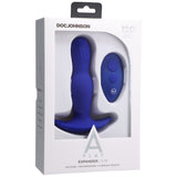 A-Play Expander Silicone Anal Plug Remote Royal Blue in packaging by Doc Johnson, featuring a wireless remote.