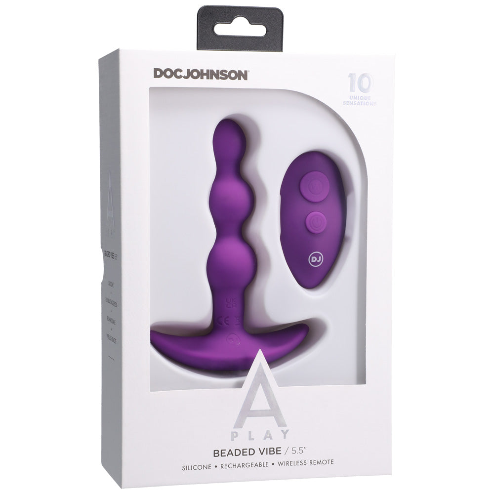 A-Play Beaded Vibe Silicone Anal Plug With Remote Purple in packaging showing remote and beaded shape.