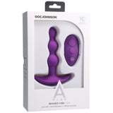 A-Play Beaded Vibe Silicone Anal Plug With Remote Purple in packaging showing remote and beaded shape.