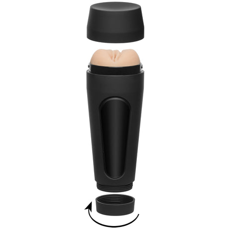 Main Squeeze Karlee Grey Porn Star Ultraskyn Stroker Pussy disassembled showing inner texture and outer casing.