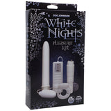 White Nights Pleasure Kit White packaging featuring vibrator, clitoral massager, bullet, and cock ring.