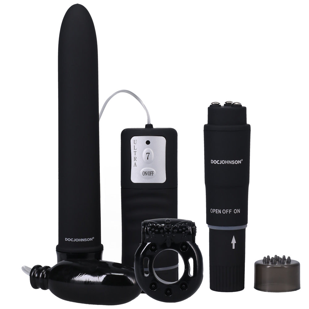 Doc Johnson Black Magic Pleasure Kit Black featuring multiple pleasure tools in sleek black design.