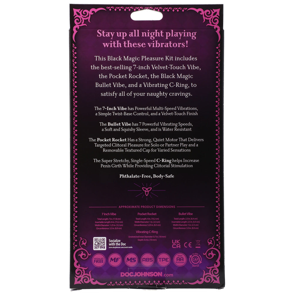 Doc Johnson Black Magic Pleasure Kit Black packaging detailing features and benefits of the vibrators included.