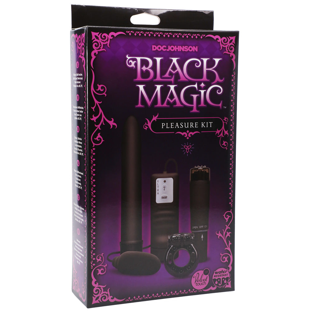 Doc Johnson Black Magic Pleasure Kit Black packaging showcasing four-piece collection for solo or partner use.