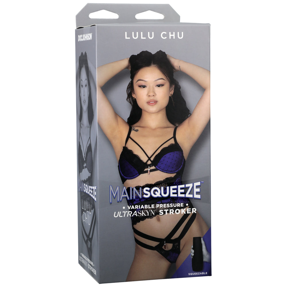 Main Squeeze Lulu Chu Ultraskyn Stroker Pussy packaging showcasing Lulu Chu with a variable pressure design.
