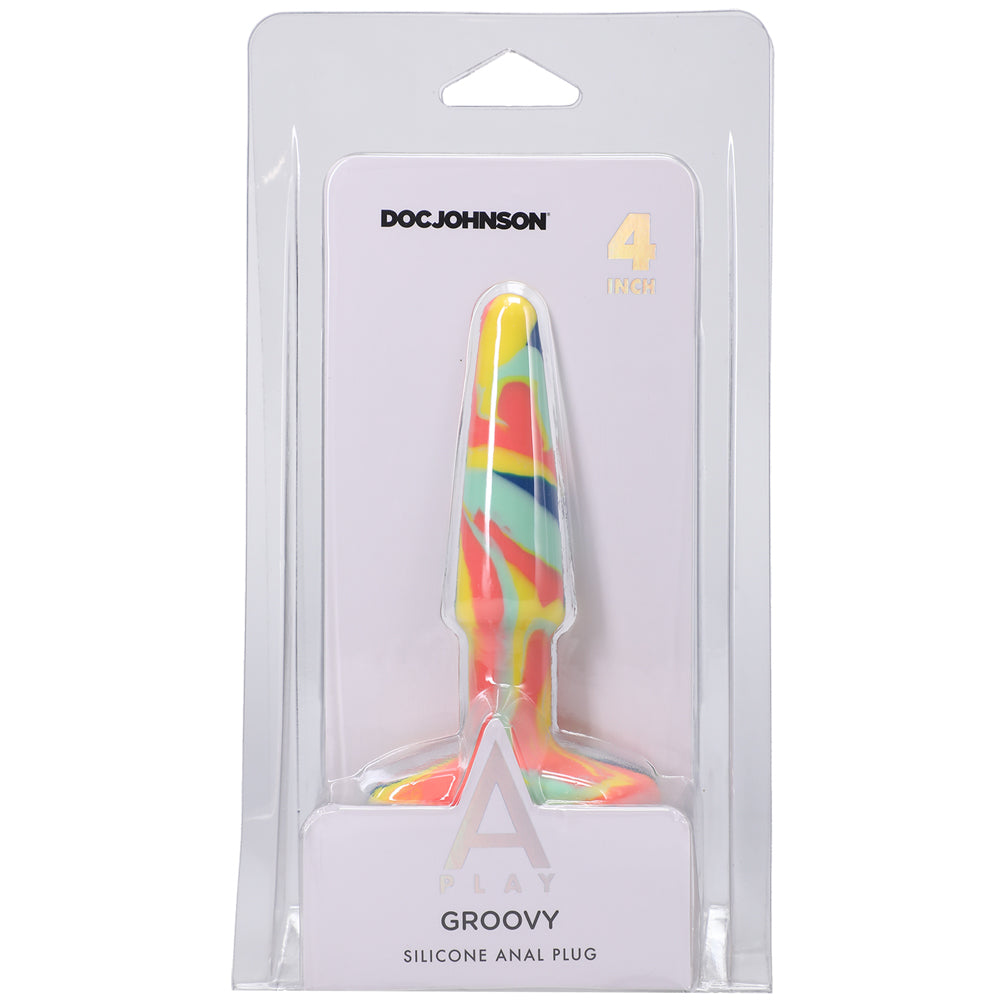 A-Play Groovy Silicone Anal Plug 4 Inch Sunrise in colorful packaging, showcasing its unique design and health-grade material.