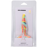 A-Play Groovy Silicone Anal Plug 4 Inch Sunrise in colorful packaging, showcasing its unique design and health-grade material.