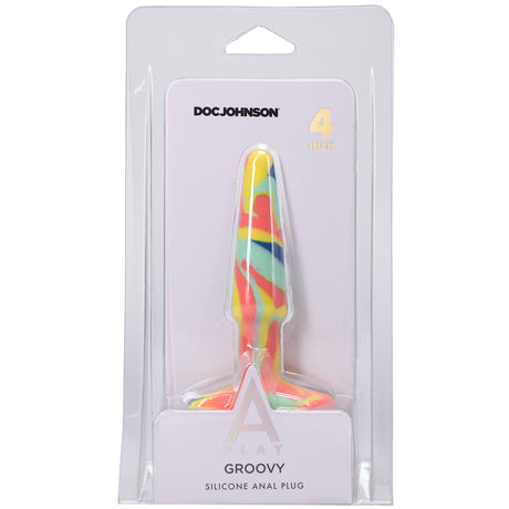 A-Play Groovy Silicone Anal Plug 4 Inch Sunrise in colorful packaging, showcasing its unique design and health-grade material.
