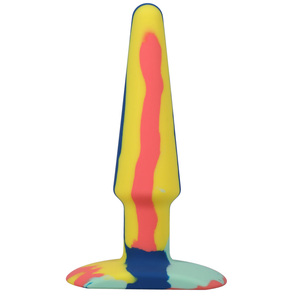 A-Play Groovy 5 Inch Silicone Anal Plug Sunrise featuring a vibrant, multi-colored design for comfortable backdoor exploration.