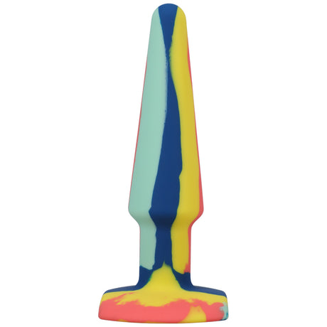 A-Play Groovy 5 Inch Silicone Anal Plug Sunrise with colorful swirl design for comfortable backdoor exploration.