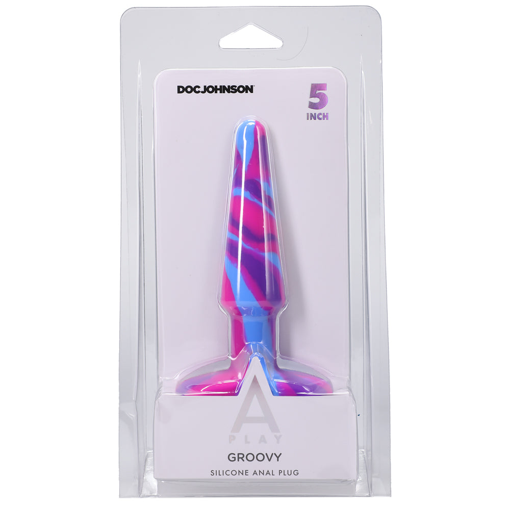 A-Play Groovy Silicone Anal Plug 5 Inch Berry in colorful packaging, ideal for comfortable backdoor play.