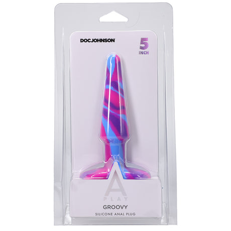A-Play Groovy Silicone Anal Plug 5 Inch Berry in colorful packaging, ideal for comfortable backdoor play.
