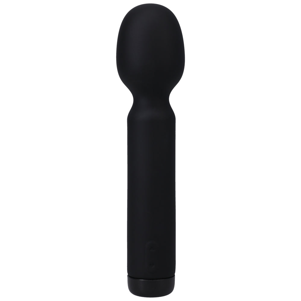 In A Bag Rechargeable Silicone Wand Vibrator Black with smooth black silicone surface and compact design.