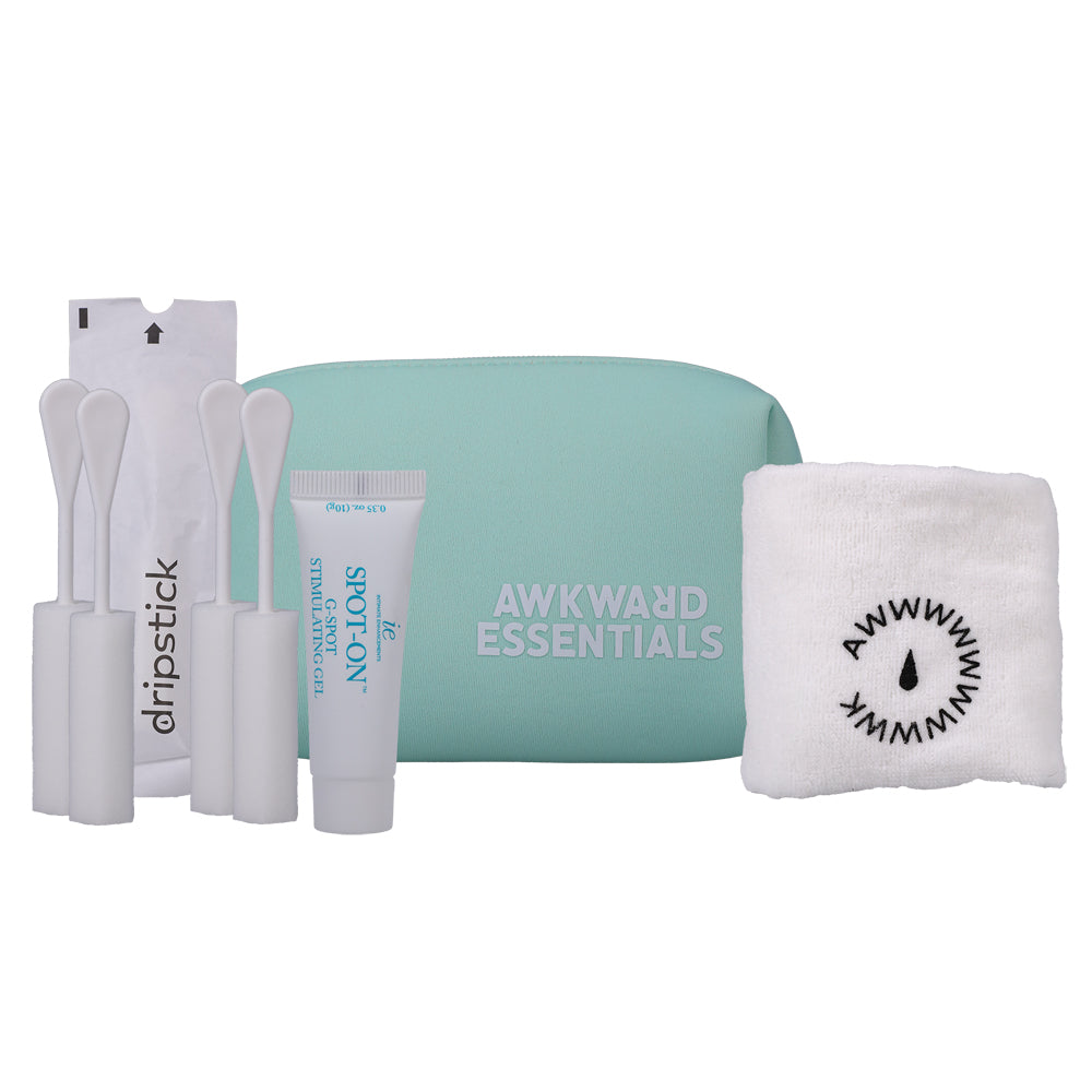 Awkward Essentials Starter Set White includes a toiletry bag, applicators, a cream, and a towel for intimate care.