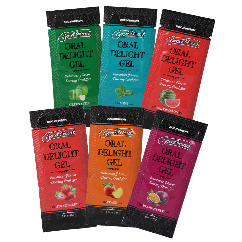 Goodhead Oral Delight Gel 48 Assorted Pieces 0.24 Oz packets in various flavors like watermelon and strawberry.