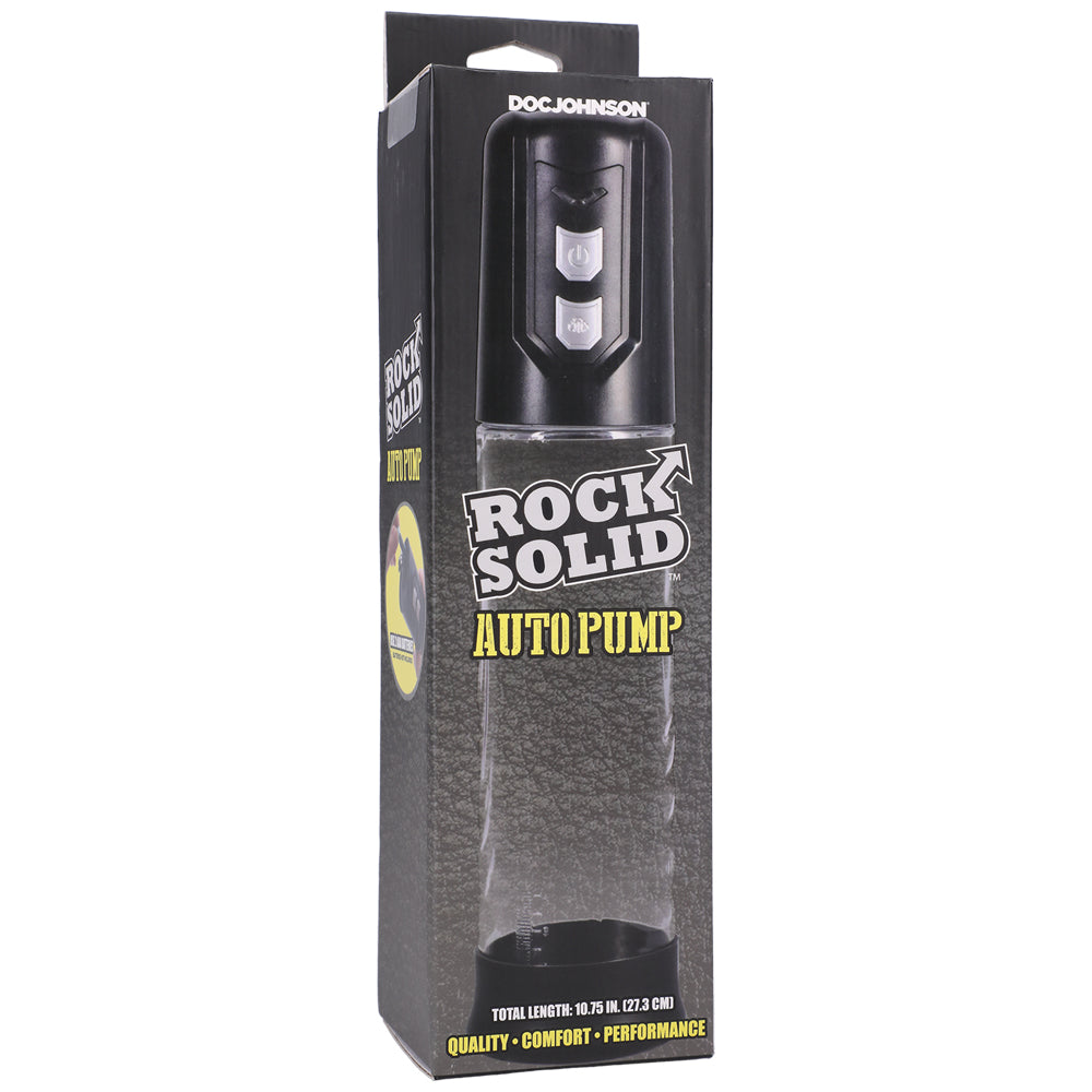 Rock Solid Auto Penis Pump Black Clear packaging showcasing the automatic pumping system by Doc Johnson.