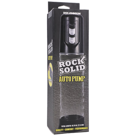 Rock Solid Auto Penis Pump Black Clear packaging showcasing the automatic pumping system by Doc Johnson.