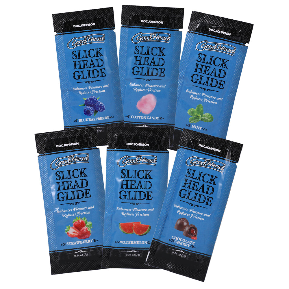 GoodHead Slick Head Glide Flavored Lube 6 Pack includes Blue Raspberry, Cotton Candy, Mint, Strawberry, Watermelon, and Chocolate Cherry.