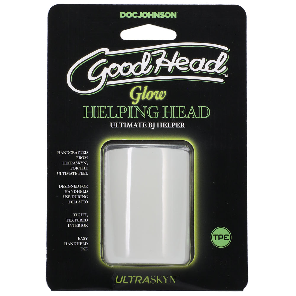 GoodHead Glow Helping Head Mini Stroker Frost Green packaging with details and description of its features.