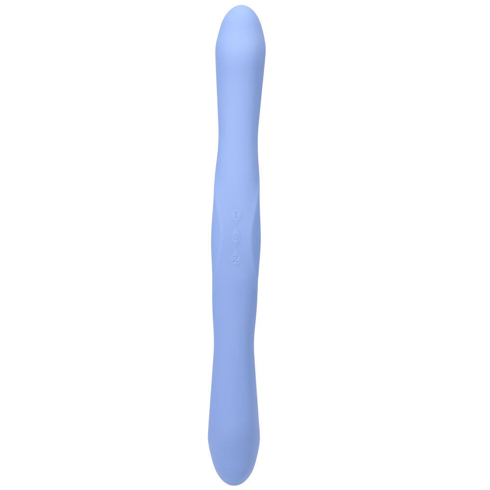 Tryst Duet Double Ended Remote Vibrator Periwinkle showcasing its sleek silicone design in blue color.