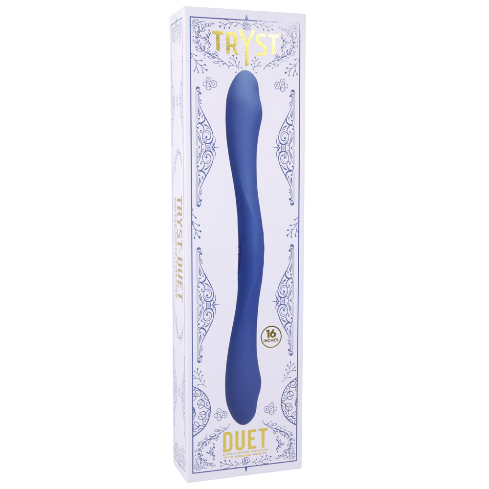 Tryst Duet Double Ended Remote Vibrator Periwinkle packaging showcasing its sleek design and versatility for pleasure.