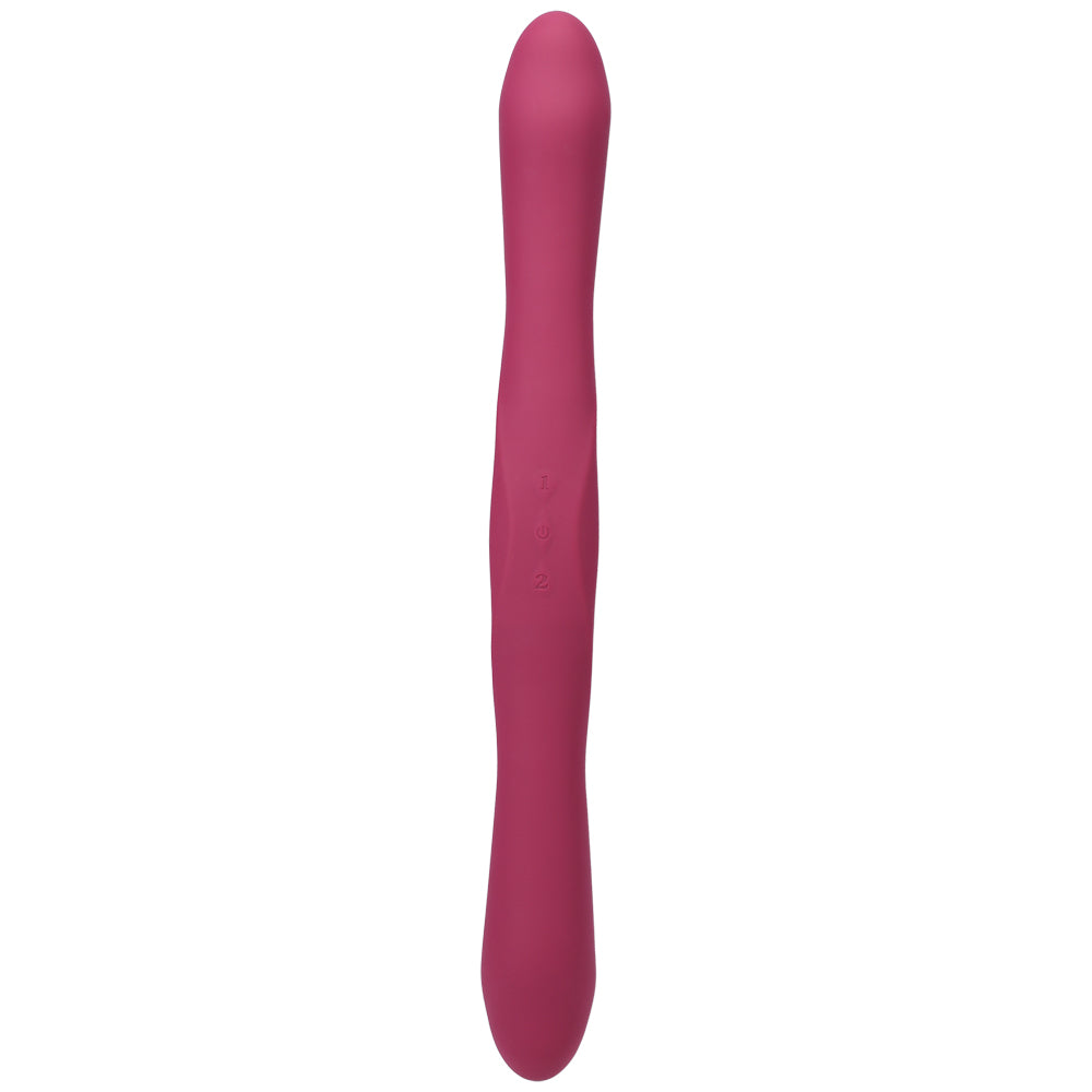 Tryst Duet Double Ended Vibrator With Wireless Remote Berry, a pink bendable silicone vibrator for customizable pleasure.