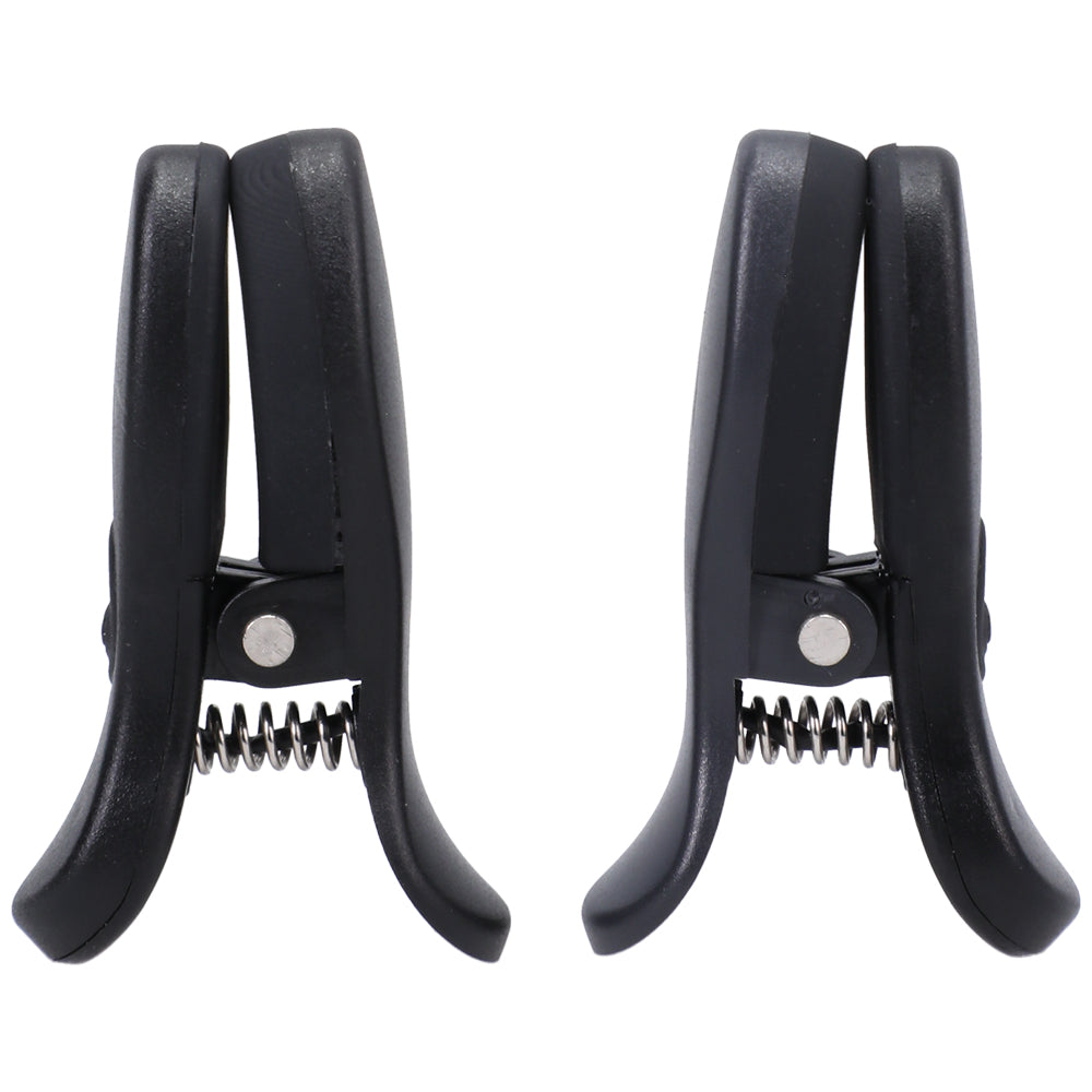 Merci Vibro Grippers Vibrating Nipple Clamps Black, adjustable pressure clamps for intense nipple stimulation.