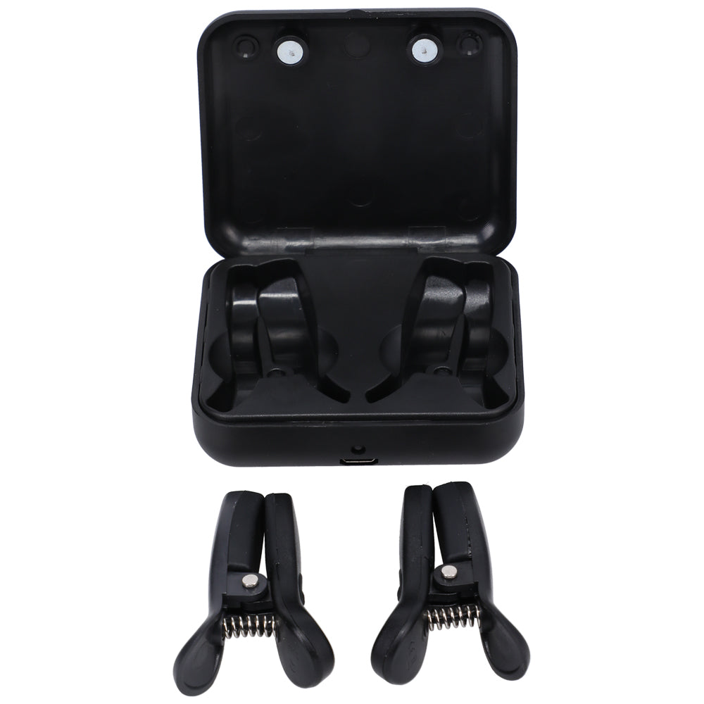 Merci Vibro Grippers Vibrating Nipple Clamps Black in a storage case with two clamps visible.