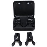 Merci Vibro Grippers Vibrating Nipple Clamps Black in a storage case with two clamps visible.