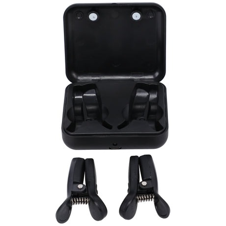 Merci Vibro Grippers Vibrating Nipple Clamps Black in a storage case with two clamps visible.