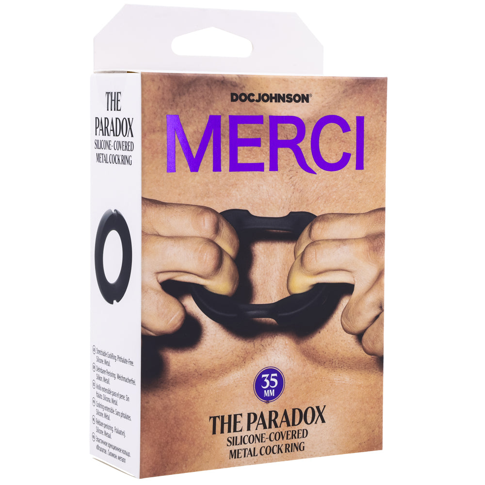 Merci Paradox Silicone Covered Metal Cock Ring 35mm Black packaging showcasing its unique design.
