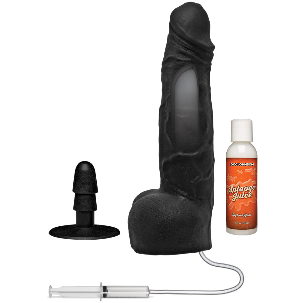 Merci Squirting Cumplay Cock 10 Inch Ultraskyn Black with syringe and Splooge Juice for realistic pleasure.