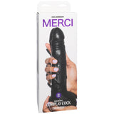 Merci Squirting Cumplay Cock 10 Inch Ultraskyn Black in packaging with a hand holding it, showcasing its realistic design.