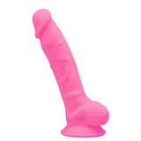Silex-d Original Model 1 7 Inch Glow Dildo Pink displayed on a white background, showcasing its vibrant color and realistic design.