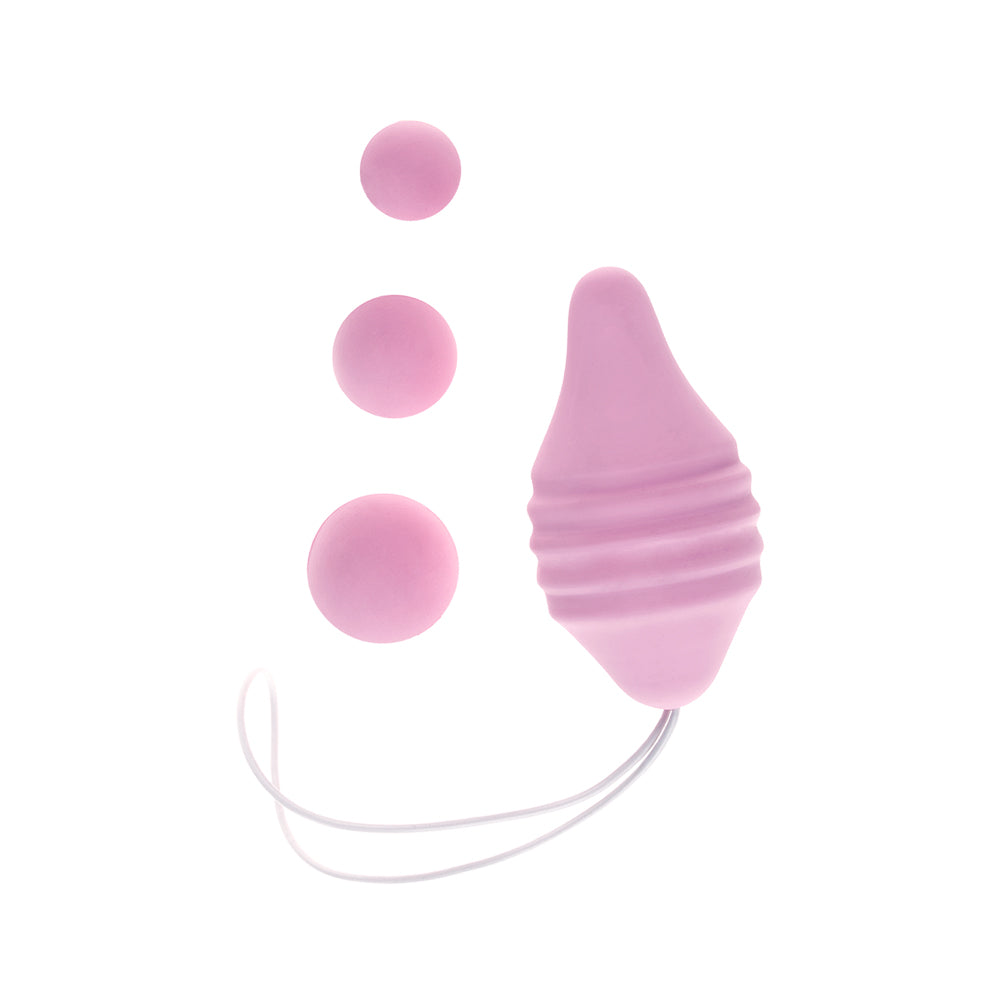 Femintimate Pelvix Silicone Kegel Exerciser Pink with interchangeable weights for pelvic floor strengthening.