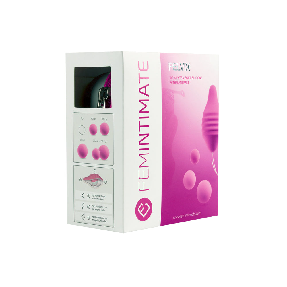 Femintimate Pelvix Silicone Kegel Exerciser Pink packaging with interchangeable weights and ergonomic design.