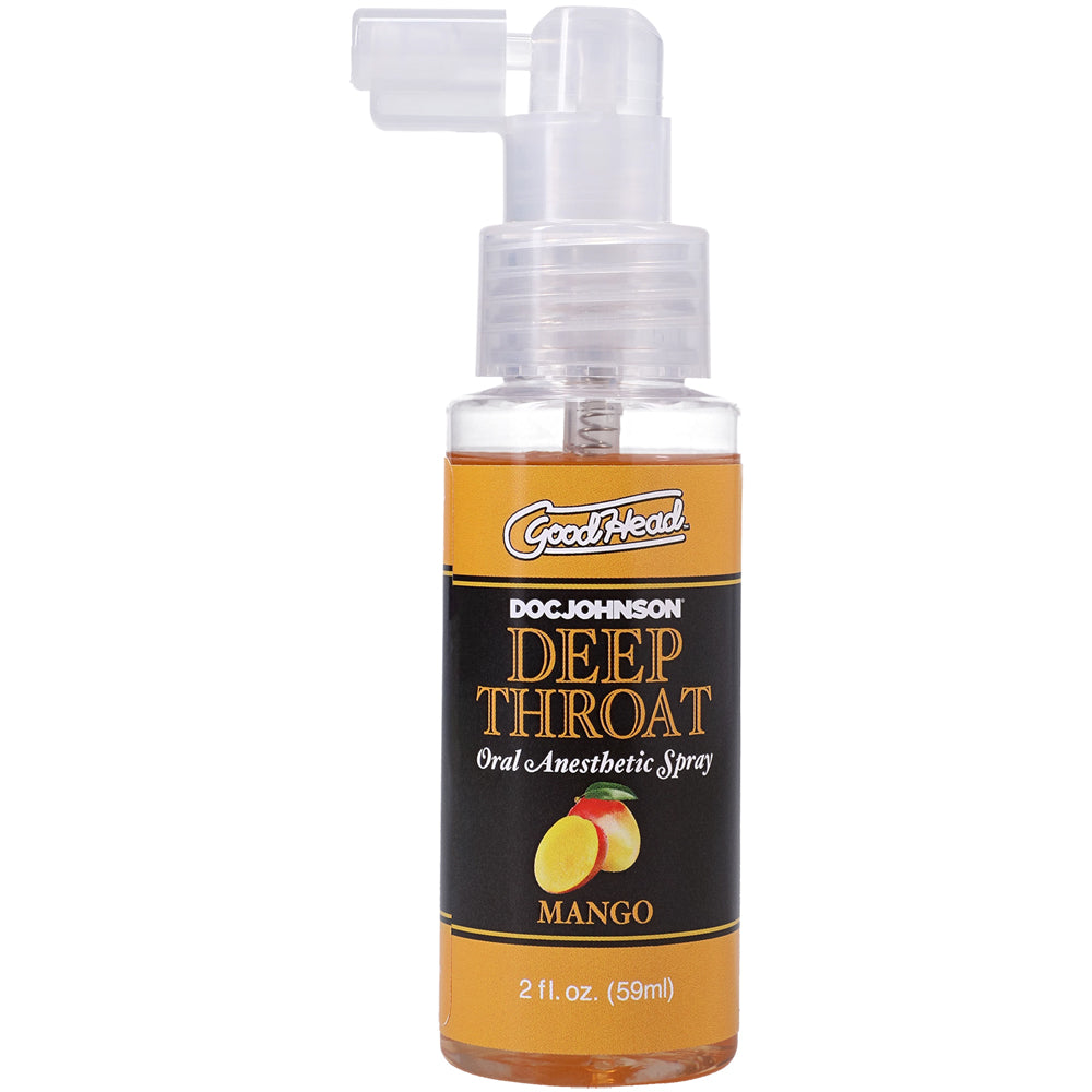Goodhead Deep Throat Spray Mango 2 Oz bottle for enhanced oral pleasure and comfort.