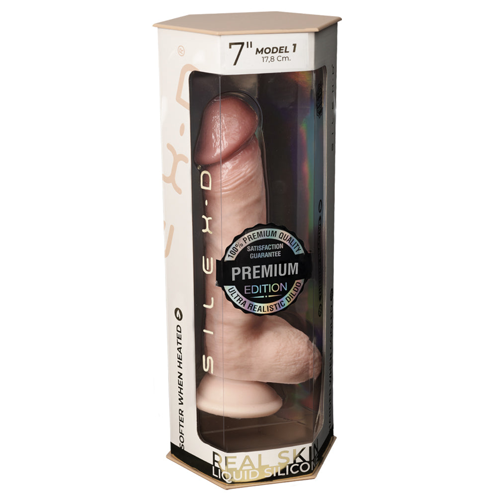 Silex-d Premium Real Skin Model 1 Dildo 7 inch Vanilla packaging showcasing lifelike design and liquid silicone material.