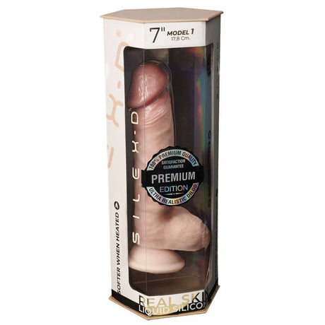 Silex-d Premium Real Skin Model 1 Dildo 7 inch Vanilla packaging showcasing lifelike design and liquid silicone material.