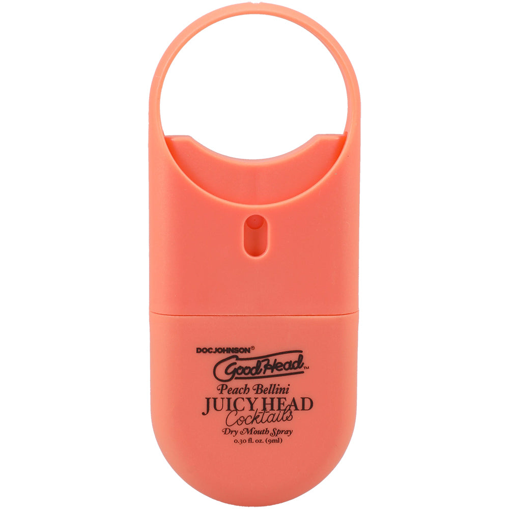 GoodHead Juicy Head Dry Mouth Spray Peach Bellini packaging in peach color, travel-size flavored spray for oral play.